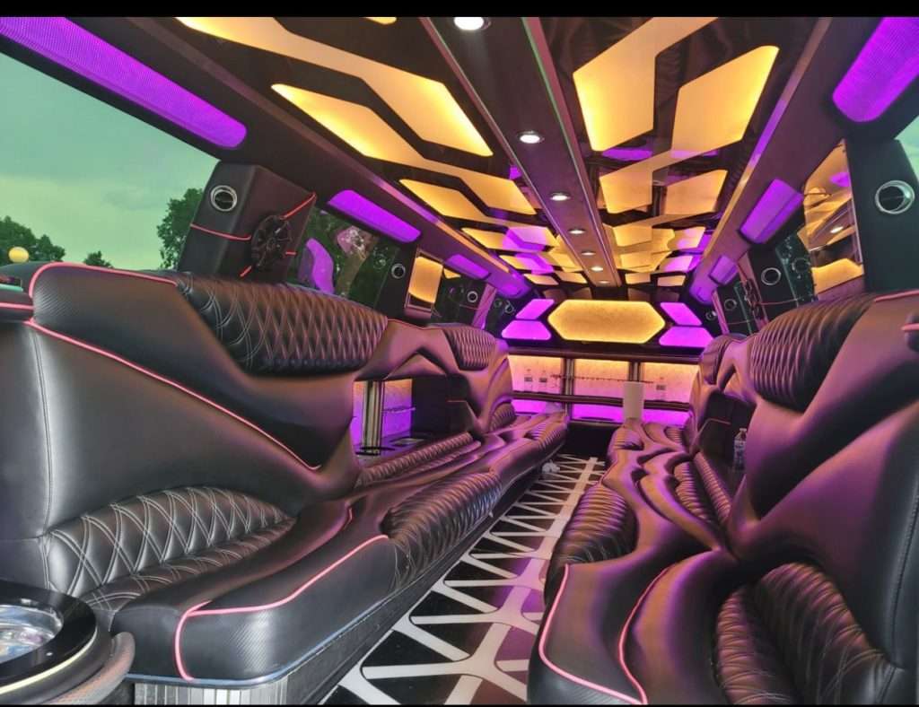 Escalade stretch limo interior with LED ceiling