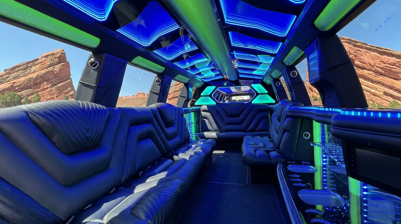 Inside the Chevy Suburban limo in Greeley: LED light-show ceiling, leather lounge seating and lit bar