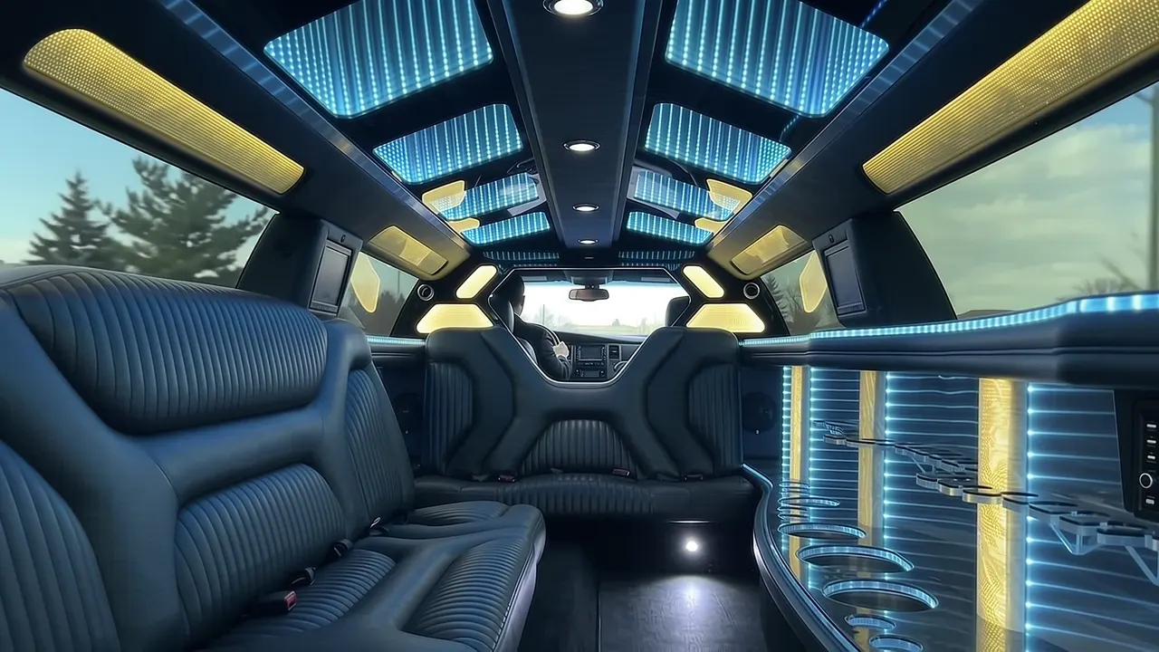 Inside the Dodge Charger limo in Greeley: LED light-show ceiling, leather lounge seating and lit bar