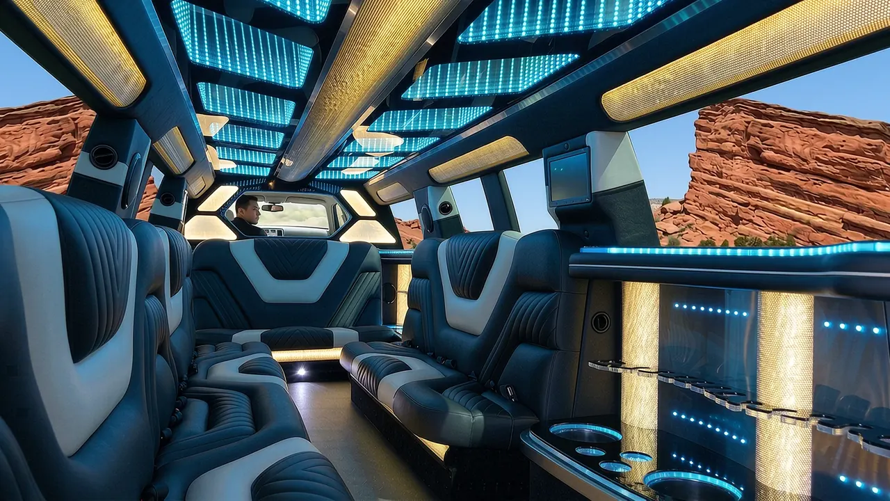Inside the Mercedes GLS limo in Greeley: LED light-show ceiling, leather lounge seating and lit bar