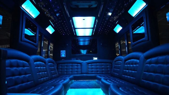 Wraparound seating and blue LED lights – Woody Creek limo service